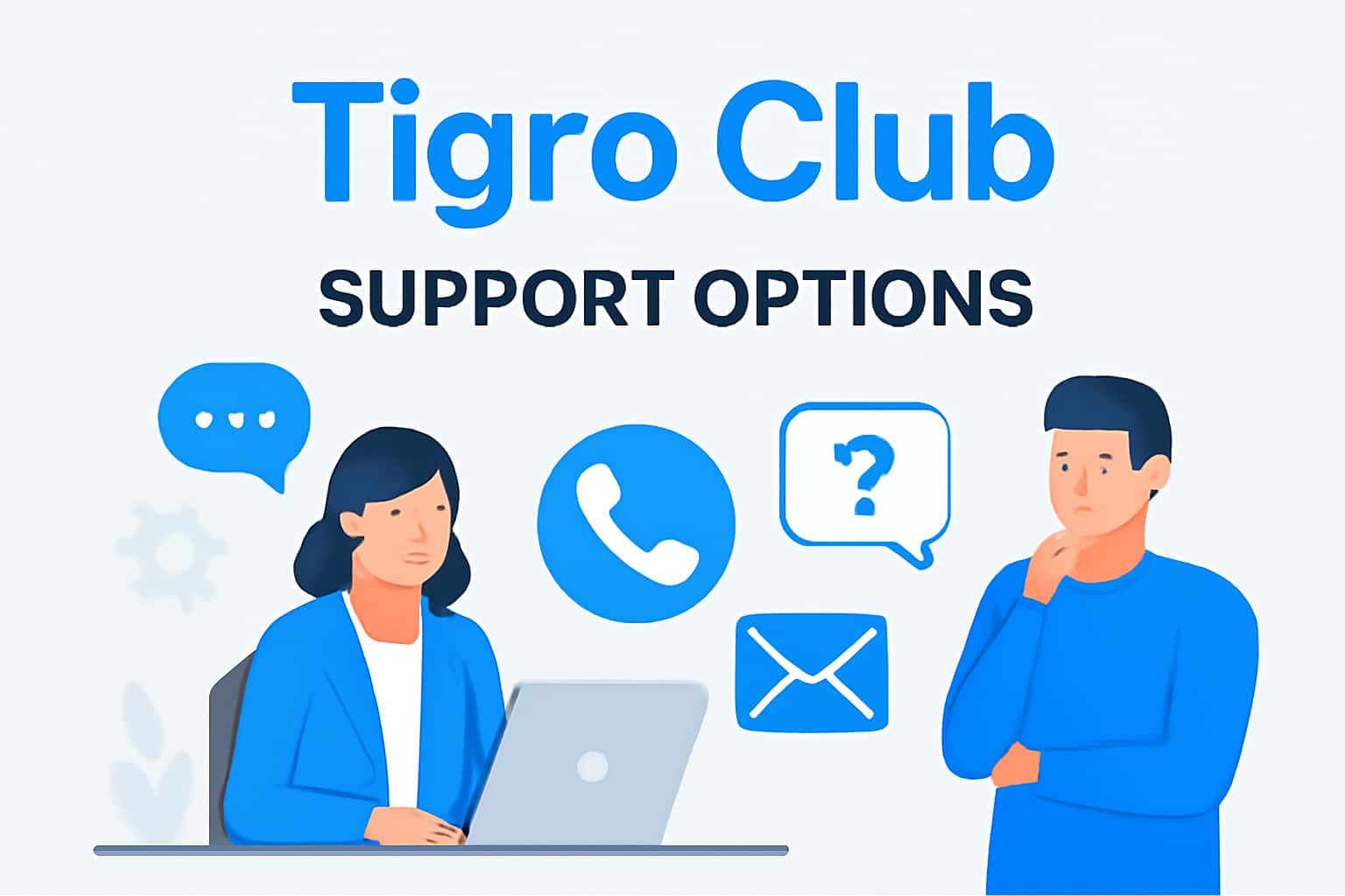 Informational graphic depicting support options available for Tigro Club users.
